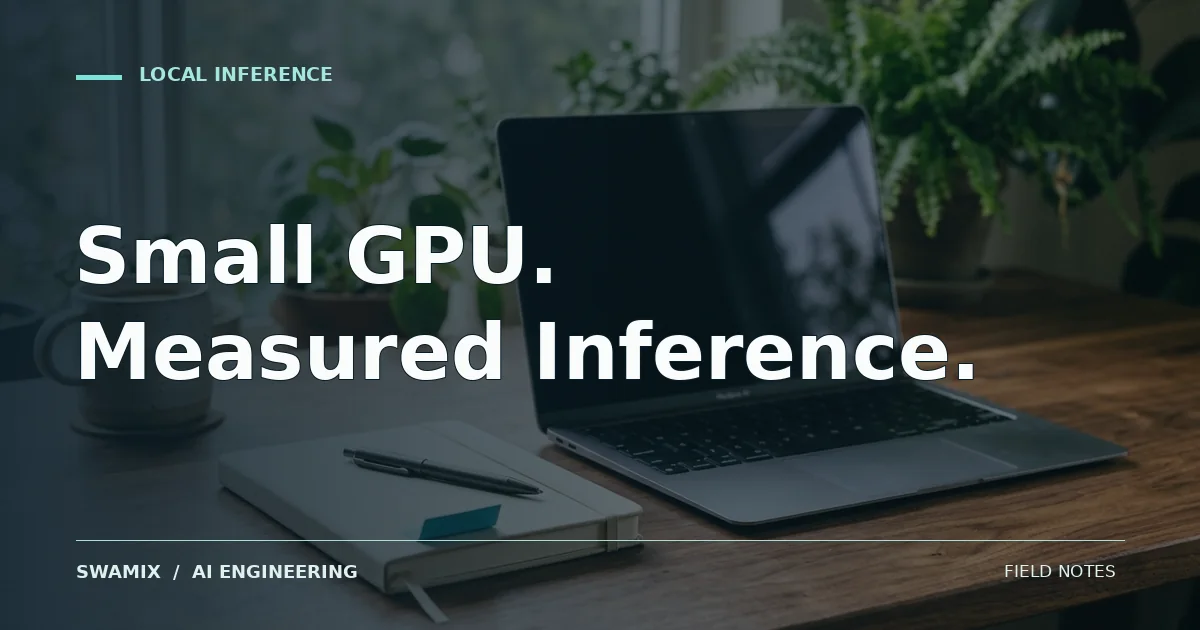 A laptop in an engineering workspace, used as an editorial illustration; editorial cover titled Small GPU. Measured Inference.