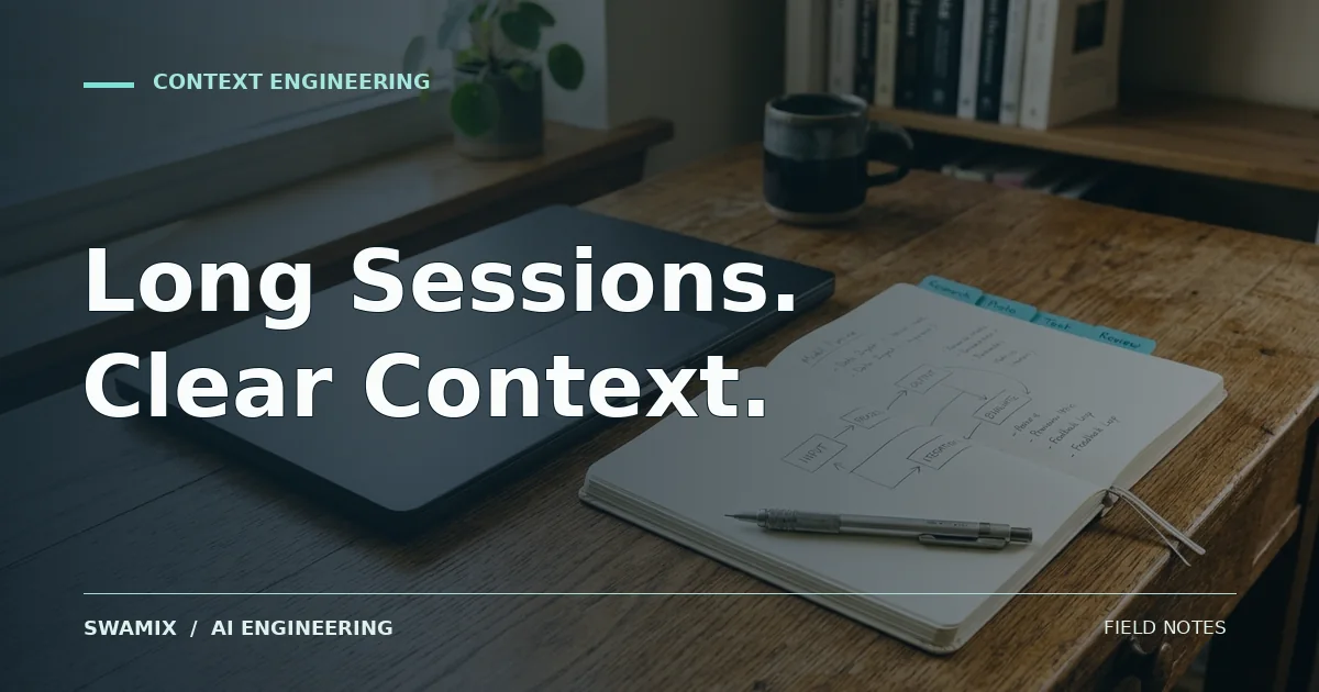 Notebook and laptop used to plan an engineering workflow; editorial cover titled Long Sessions. Clear Context.