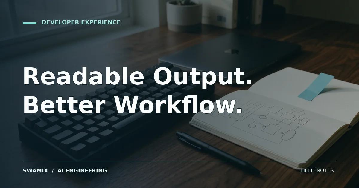 A keyboard and notebook in an organized developer workspace; editorial cover titled Readable Output. Better Workflow.