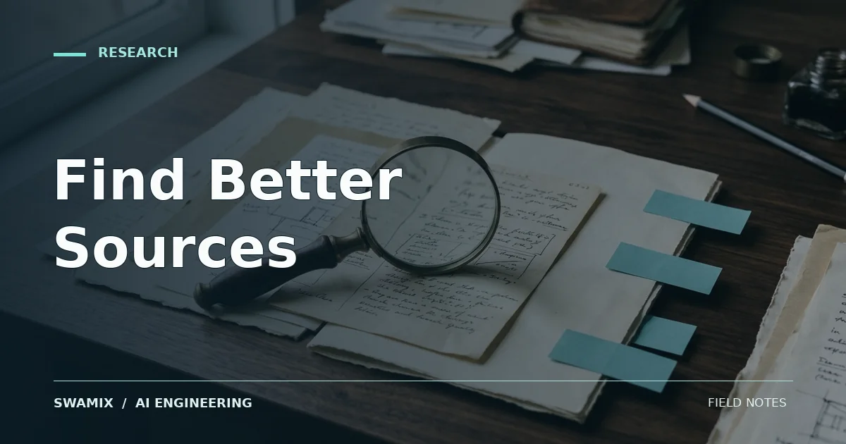 Magnifying glass and organized research notes on a desk; editorial cover titled Find Better Sources