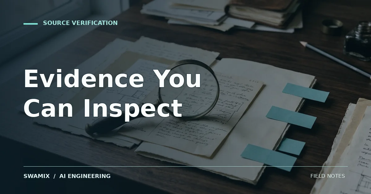Research notes and a magnifying glass for checking sources; editorial cover titled Evidence You Can Inspect