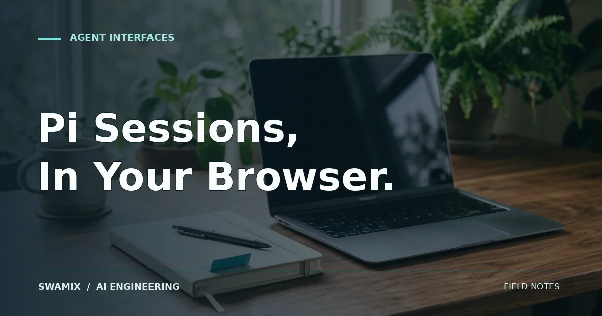 Laptop and notebook in a bright local workspace; editorial cover titled Pi Sessions, In Your Browser.